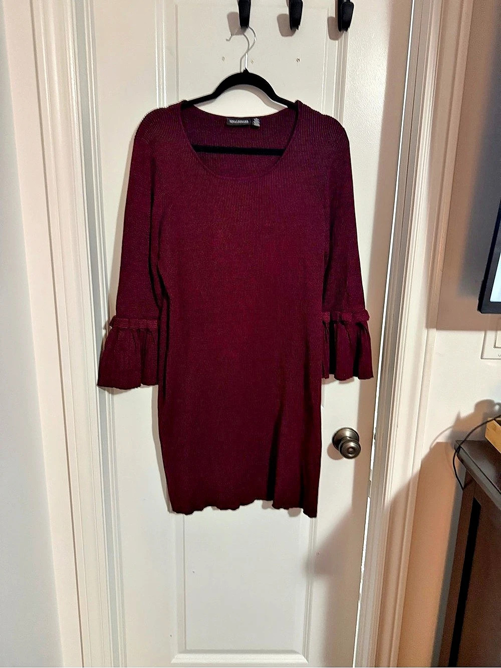 Nina Leonard Bell Sleeve Ribbed Sweater Dress Burgundy XL